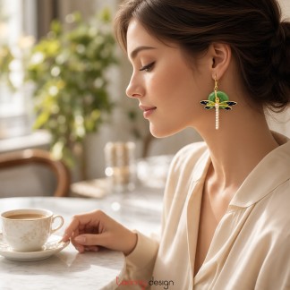 Marble earrings with the painted dragonfly and cotton cord